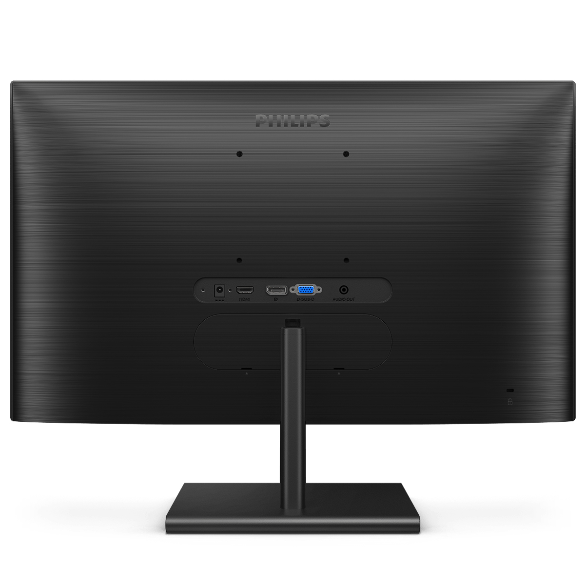 Parte trasera de monitor Philips negro, con puertos y soporte, sobre fondo blanco.