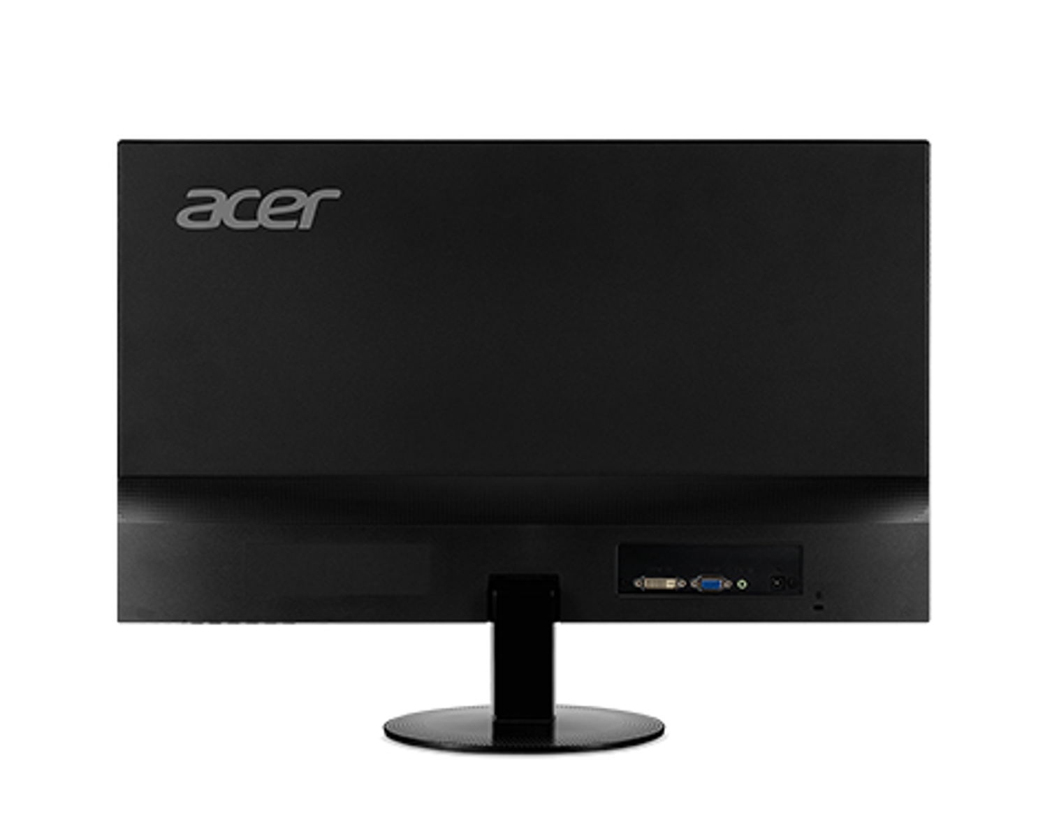 Rückseite eines schwarzen Acer-Monitors, mit Anschlüssen und Ständer, auf weißem Grund.