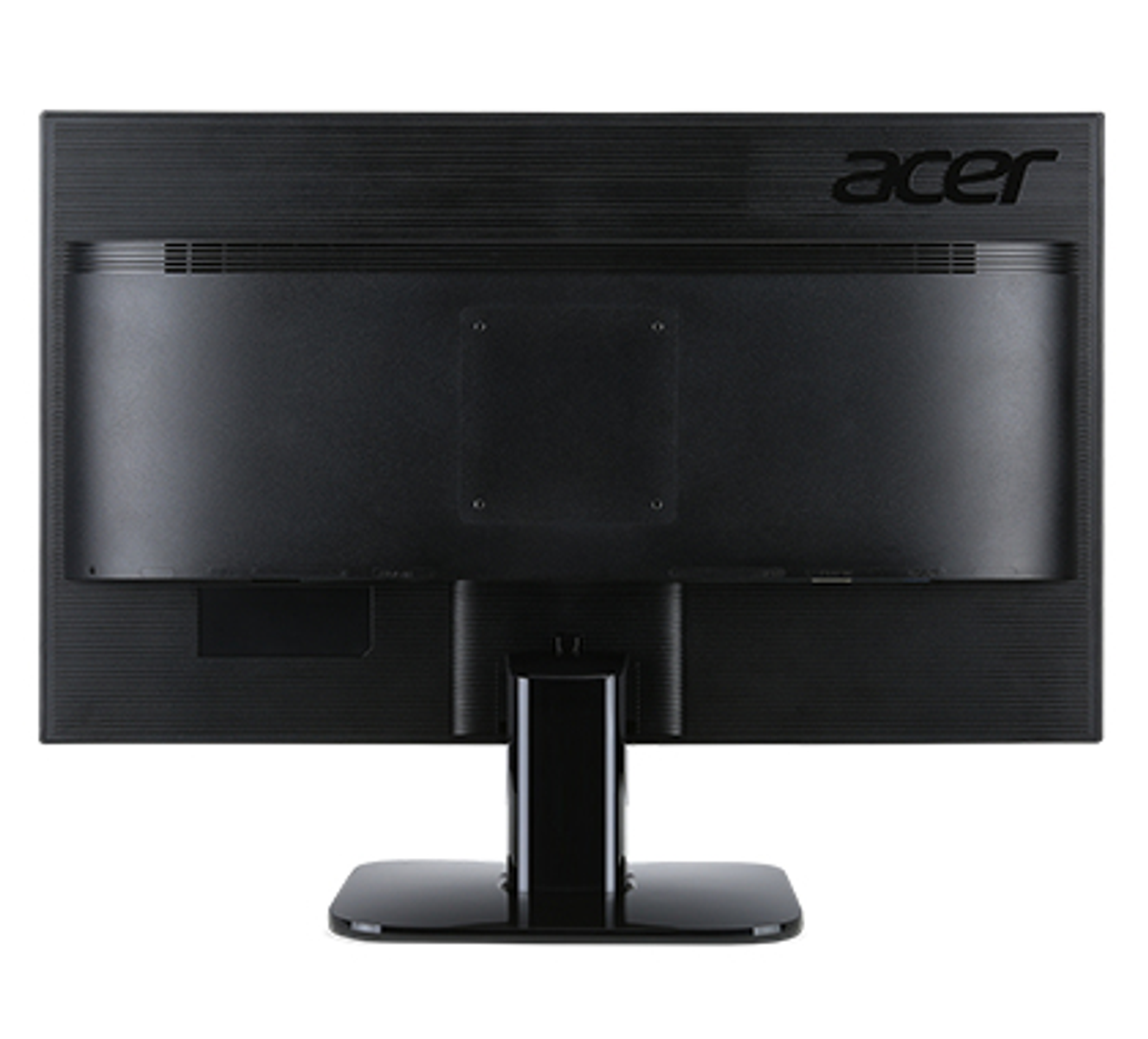 Acer logosu, bağlantı noktaları ve standı olan siyah bilgisayar monitörünün arkası, beyaz bir arka plan üzerinde.