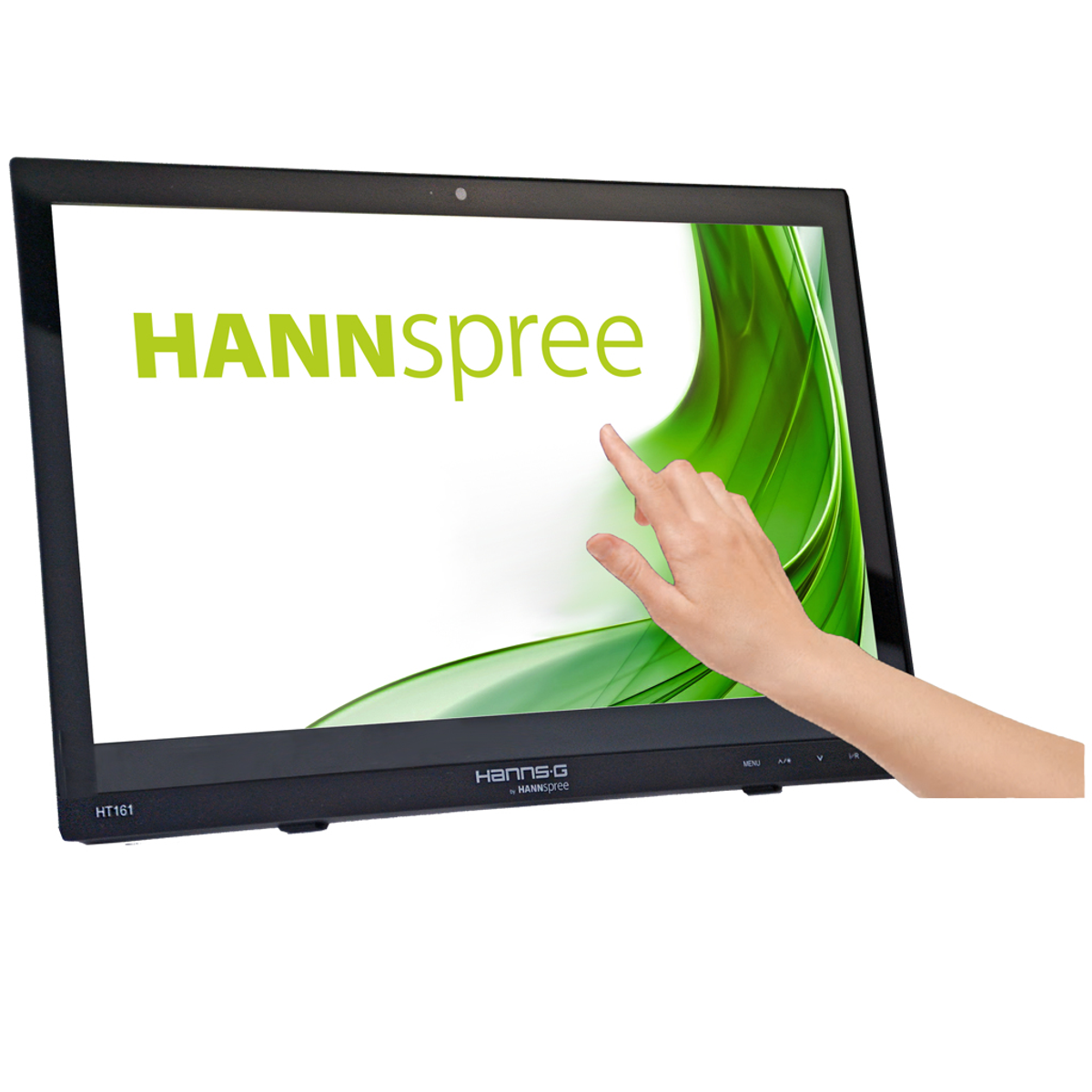 Un monitor táctil que muestra la palabra 'HANNSspree', con una mano tocando la pantalla.