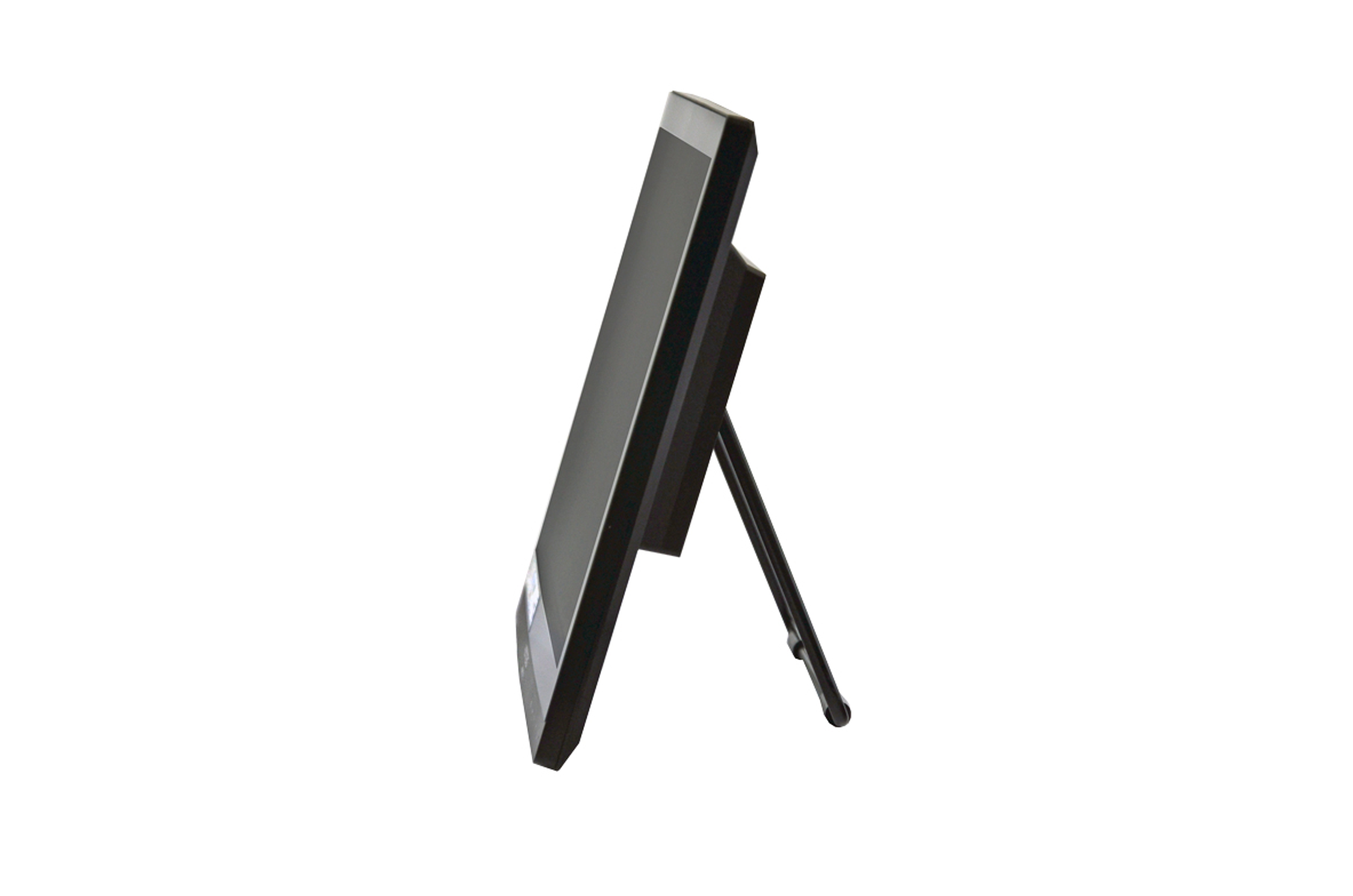 Monitor sobre un soporte, visto de lado, negro con fondo blanco.