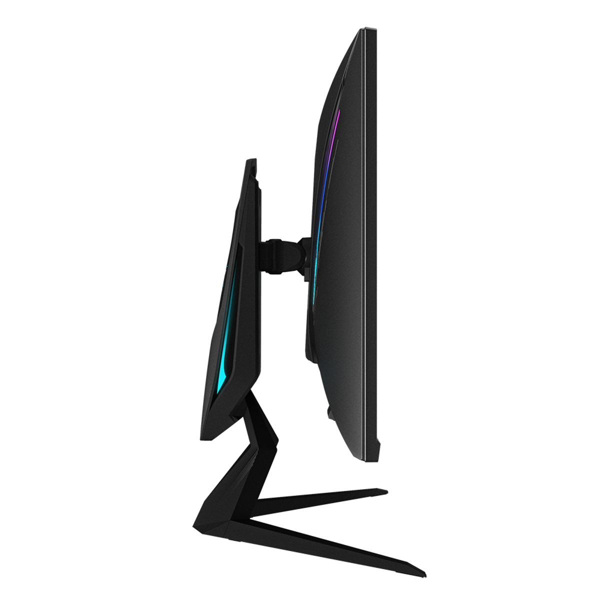 Vista laterale di un monitor per computer con supporto. Nero, con alcune luci colorate.