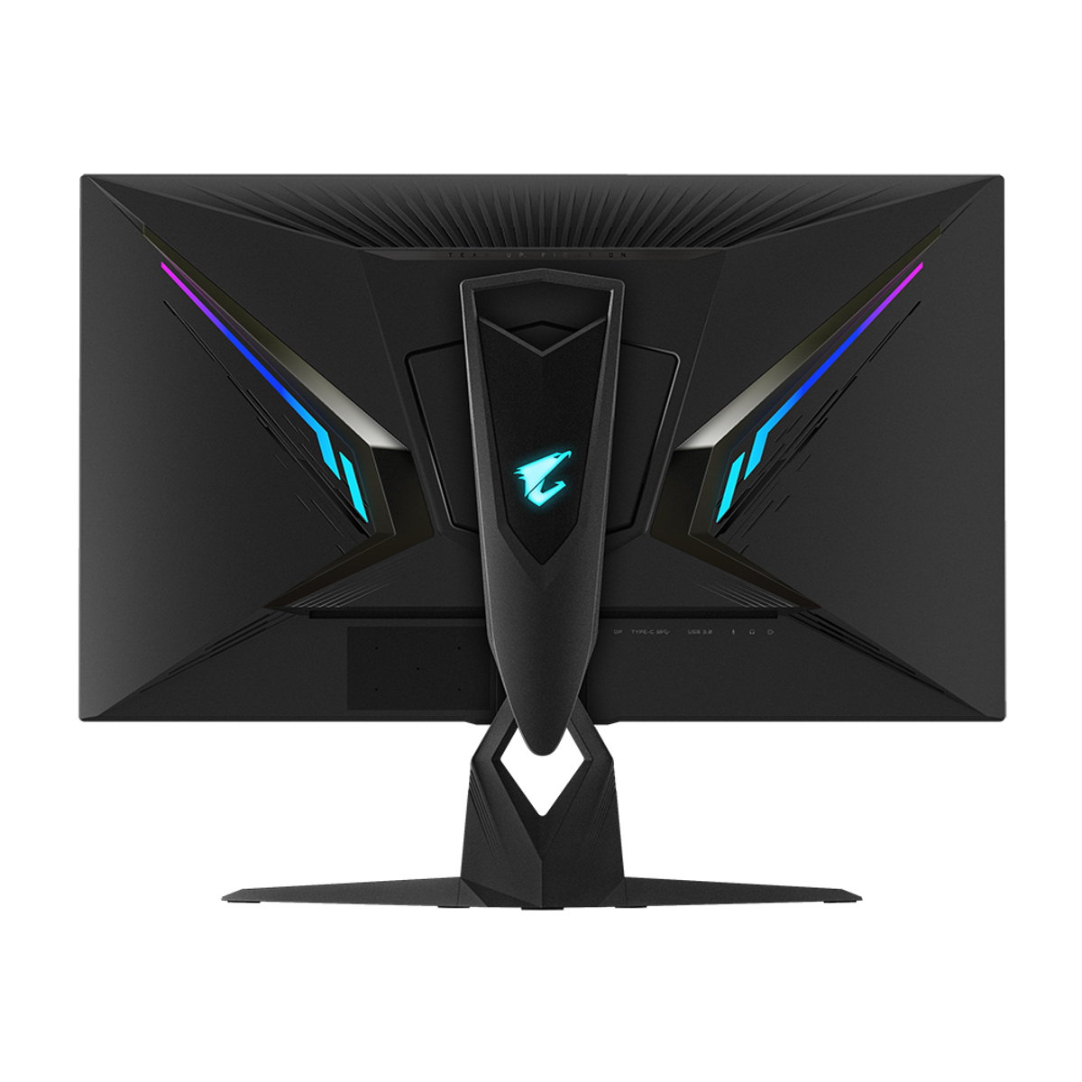 Retro di un monitor da gioco nero. Presenta un supporto e accenti di illuminazione.