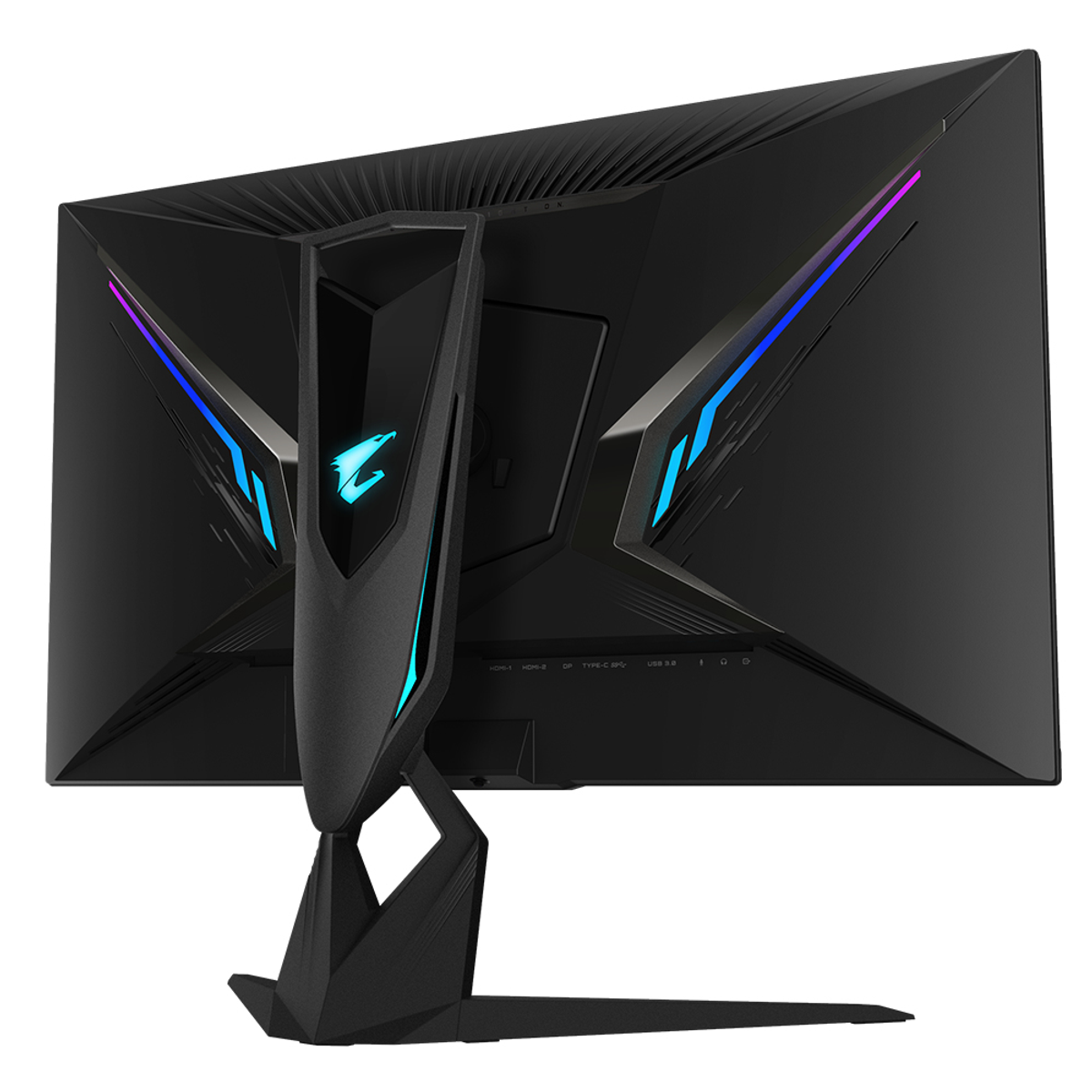 Il retro di un monitor da gioco nero. Ha luci blu e viola e un supporto. Sfondo nero.