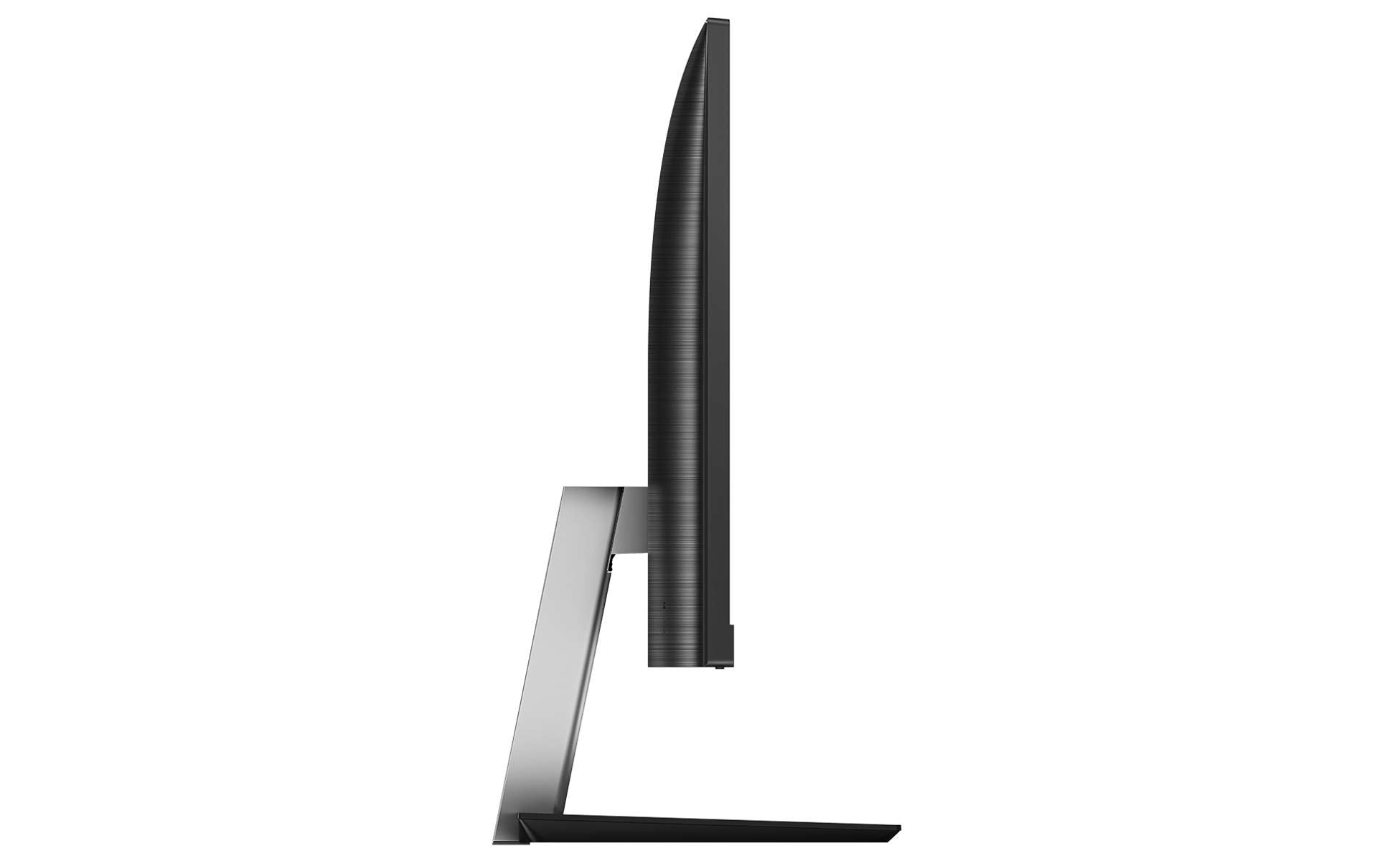 Vista laterale di un monitor nero con supporto argentato, su sfondo bianco.