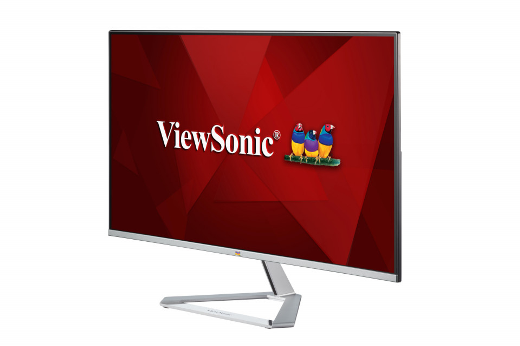ViewSonic monitor. Rode achtergrond met wit logo en drie vogels.