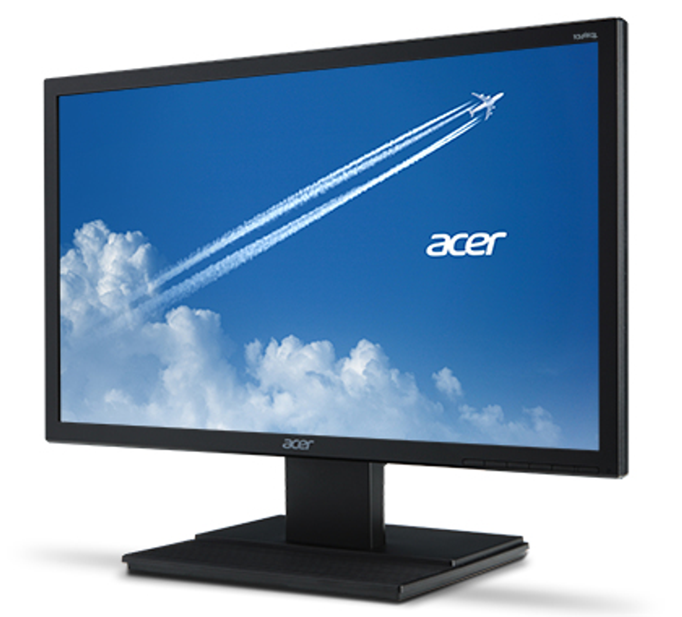 Monitor komputerowy z tłem niebieskiego nieba, białym śladem samolotu i logo Acer.