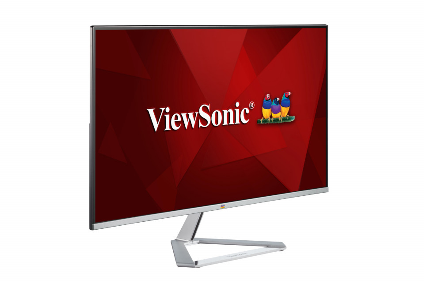 Een computermonitor met een rode achtergrond en een wit ViewSonic-logo.
