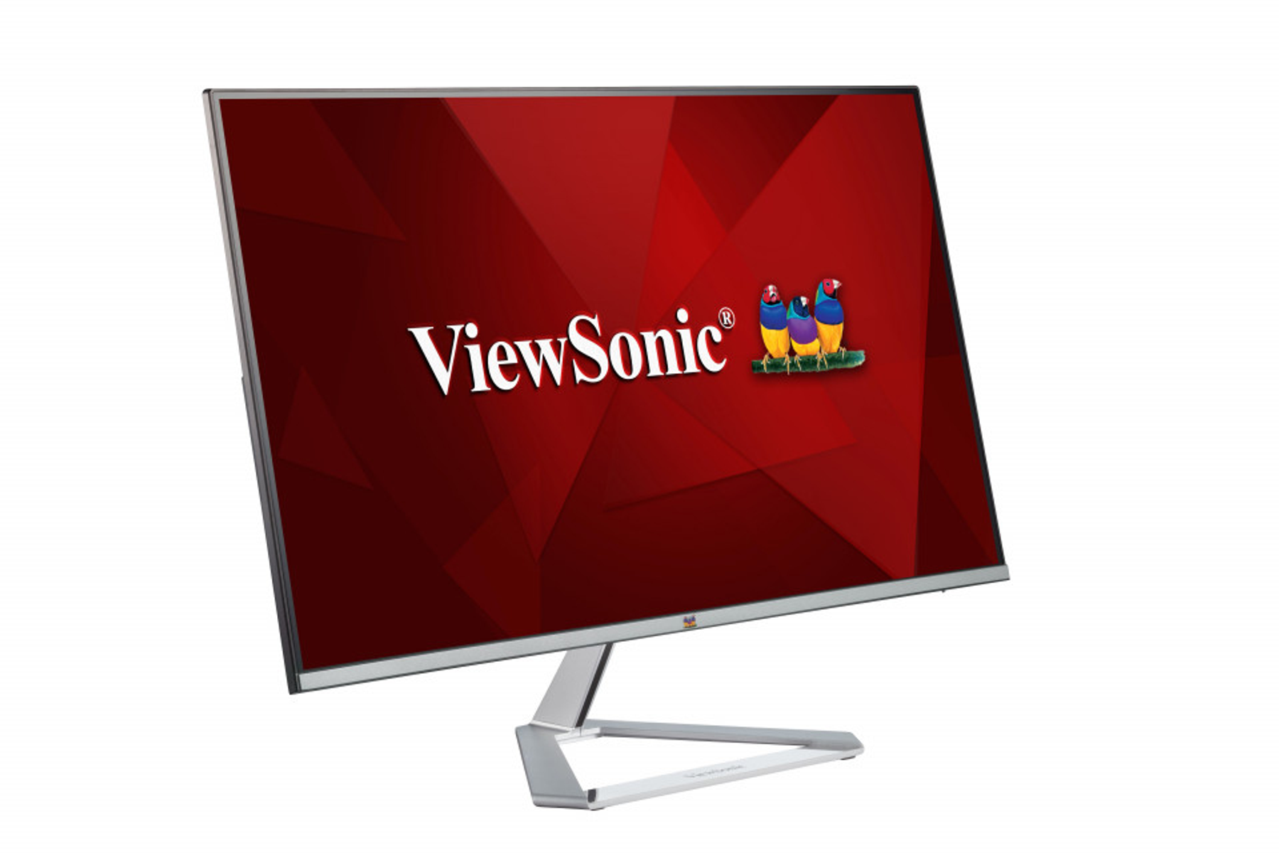 Een computermonitor met een rode en witte achtergrond en het ViewSonic-logo. Hij staat op een witte tafel.