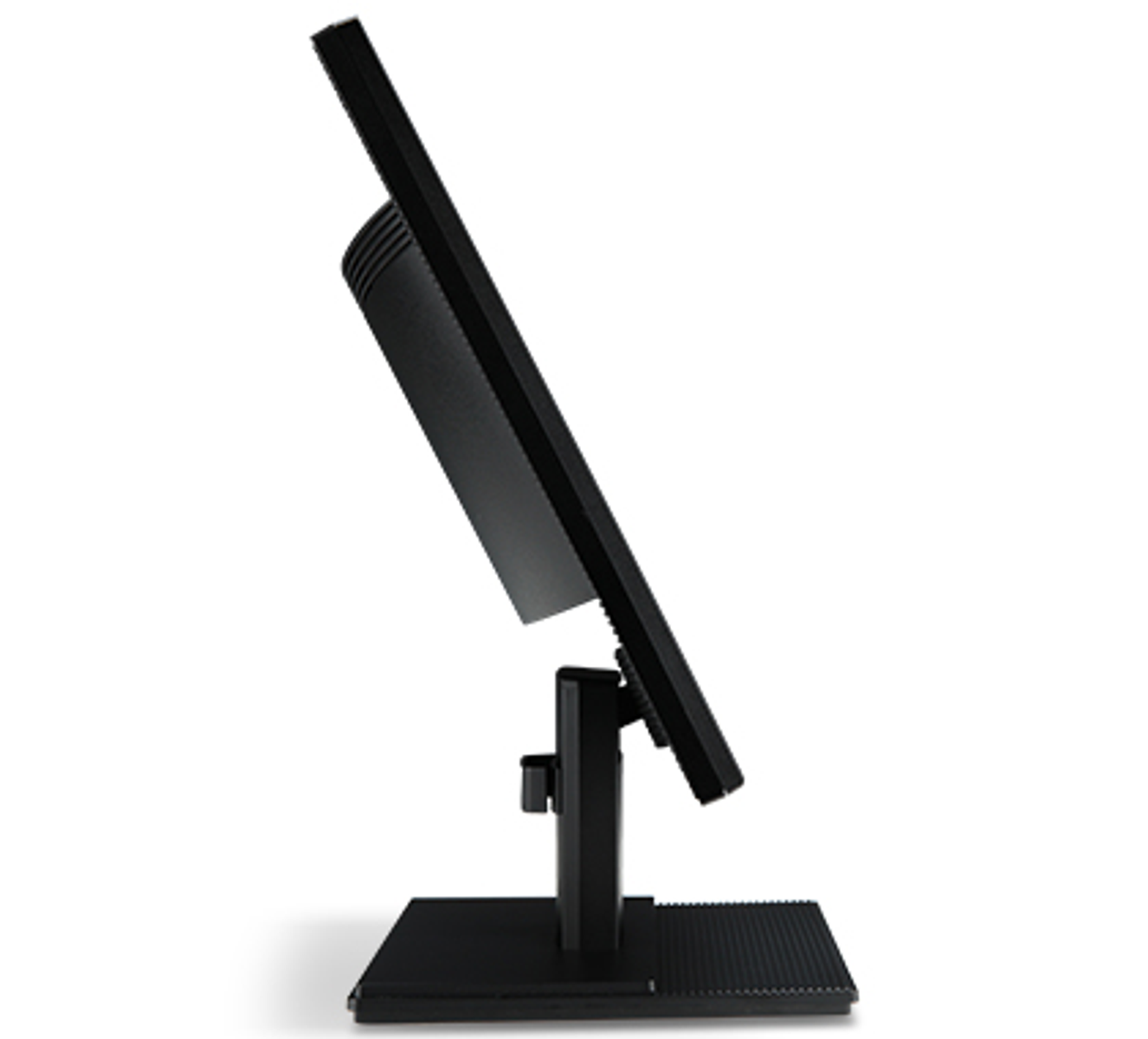 Czarny monitor w widoku profilu. Zamontowany na podstawie, pokazuje bok ekranu.