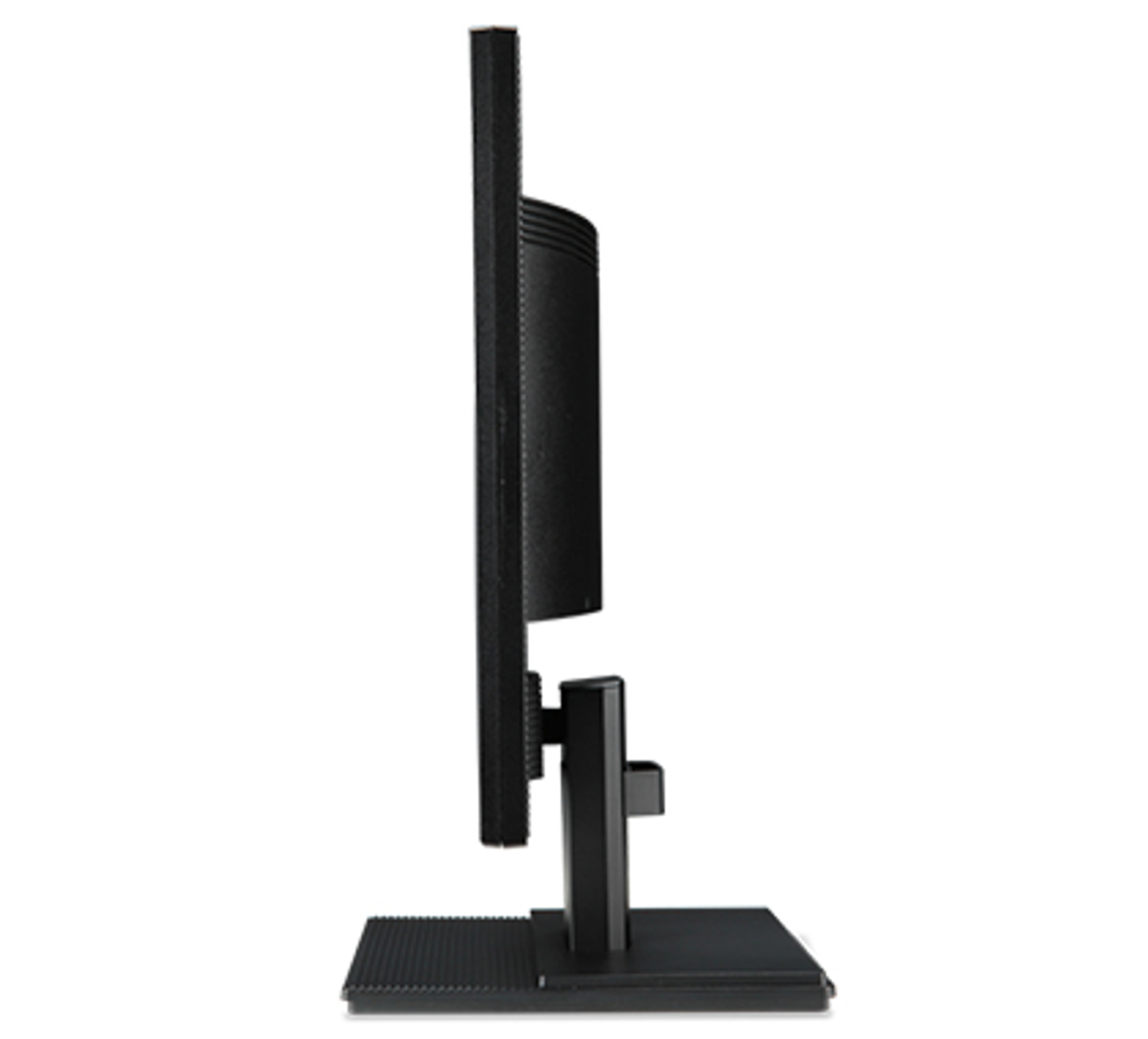 Widok z boku czarnego monitora ze stojakiem. To elegancki design, pokazujący profil boczny ekranu.