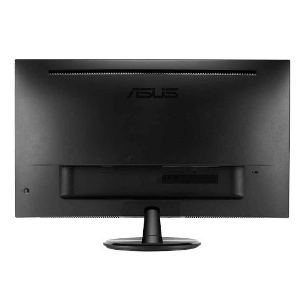 Schwarze ASUS-Monitorrückseite. ASUS-Logo in der Mitte, darunter Anschlüsse und Ständer.