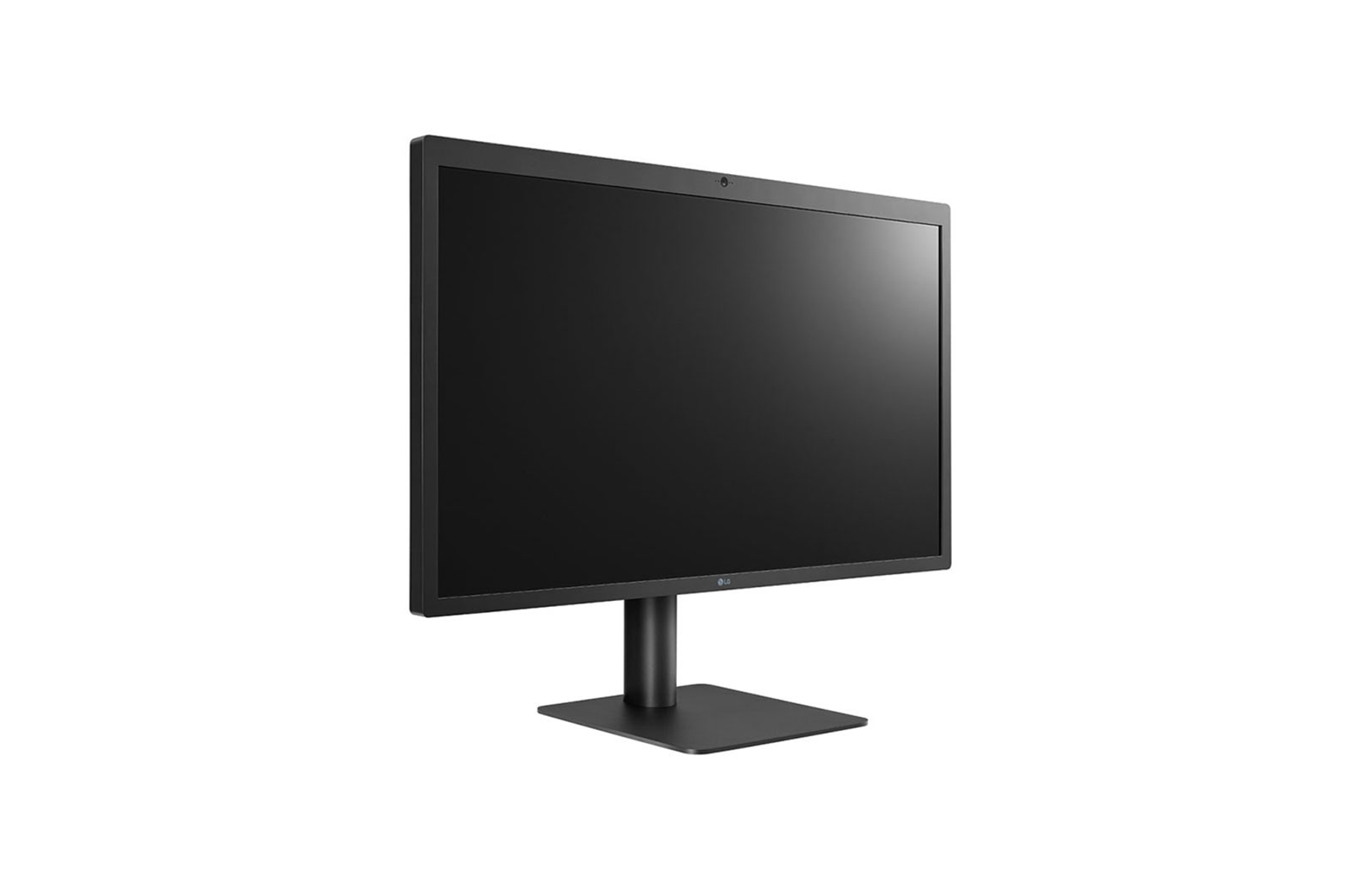 Ein schwarzer Computermonitor auf einem Ständer vor weißem Hintergrund.