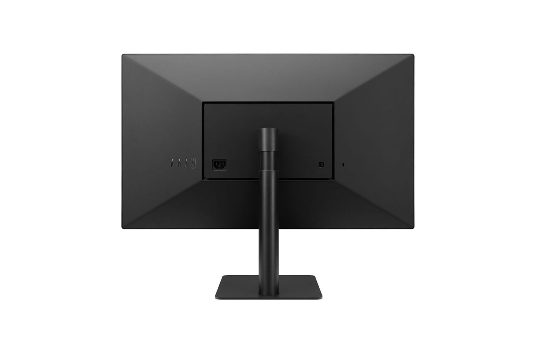 Die Rückseite eines schwarzen Computermonitors auf einem Ständer. Es hat Anschlüsse und Stromeingang.