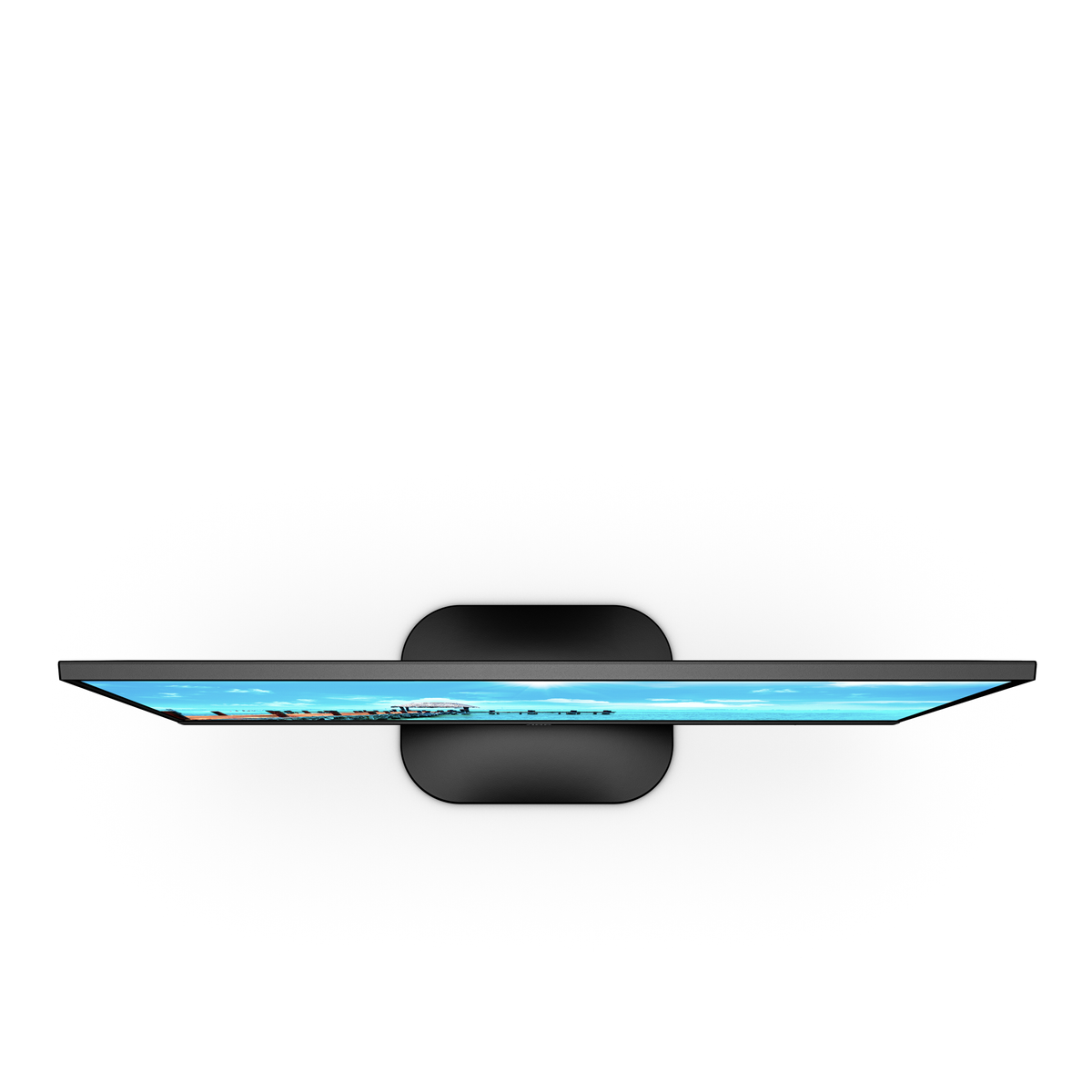 Top view of a black computer monitor with a screen displaying a landscape, set on a white background.