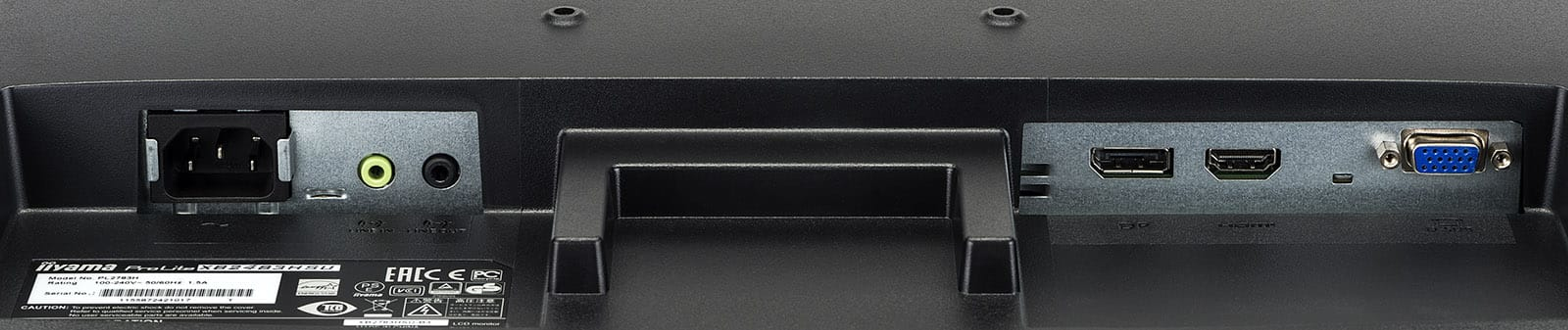Rückseite eines Monitors mit verschiedenen Anschlüssen. Enthält Strom-, Audio-, HDMI- und VGA-Anschlüsse.
