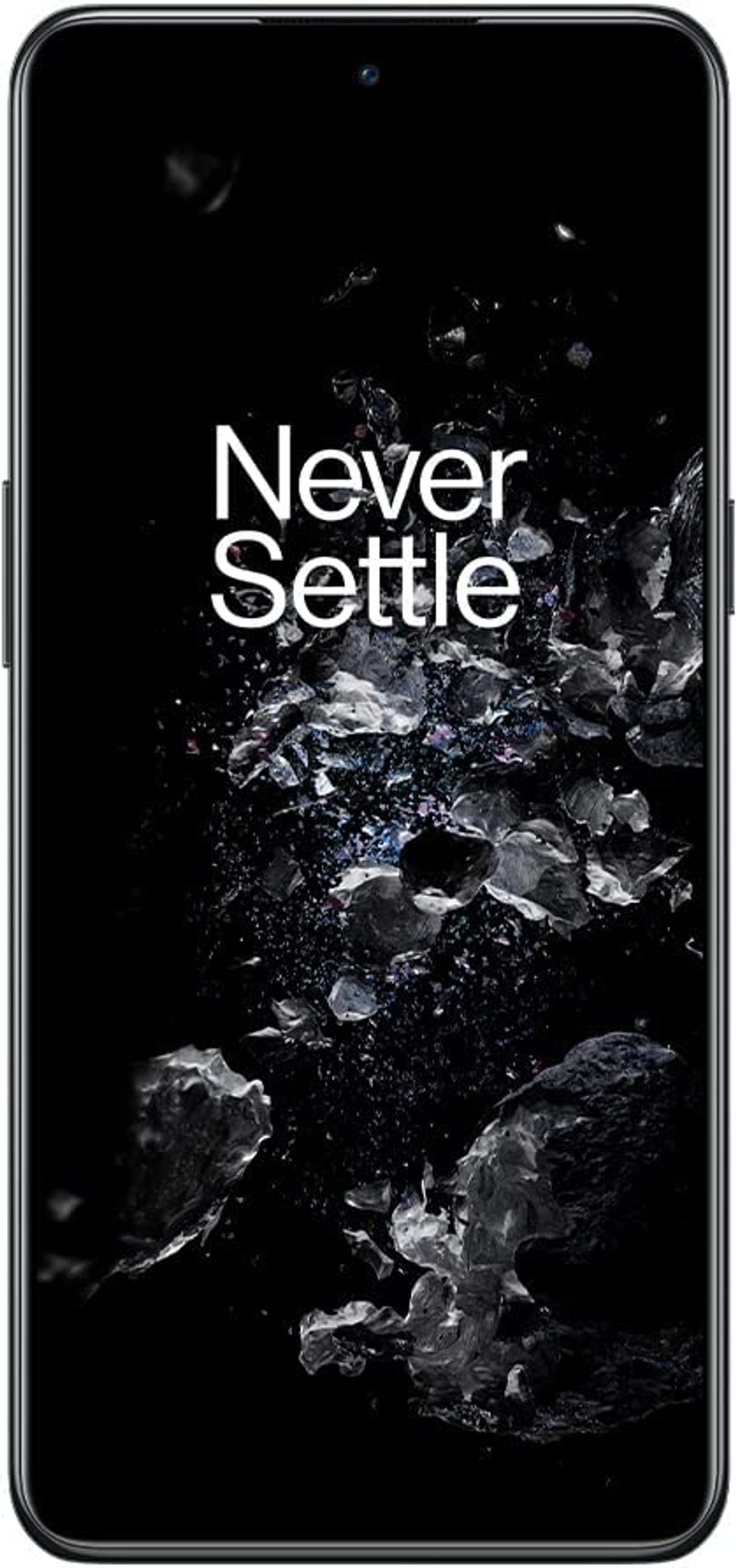 A black smartphone with a black screen displaying "Never Settle", with a fragmented background.