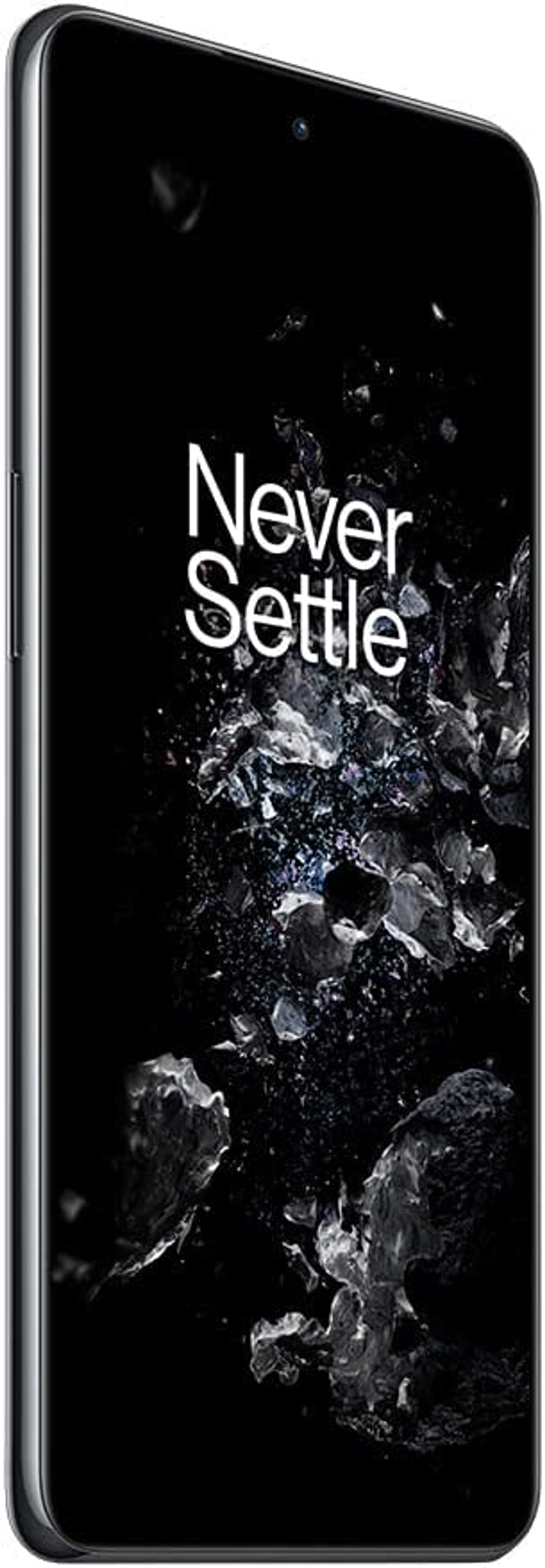 Smartphone with a black screen and the words 'Never Settle' on it.