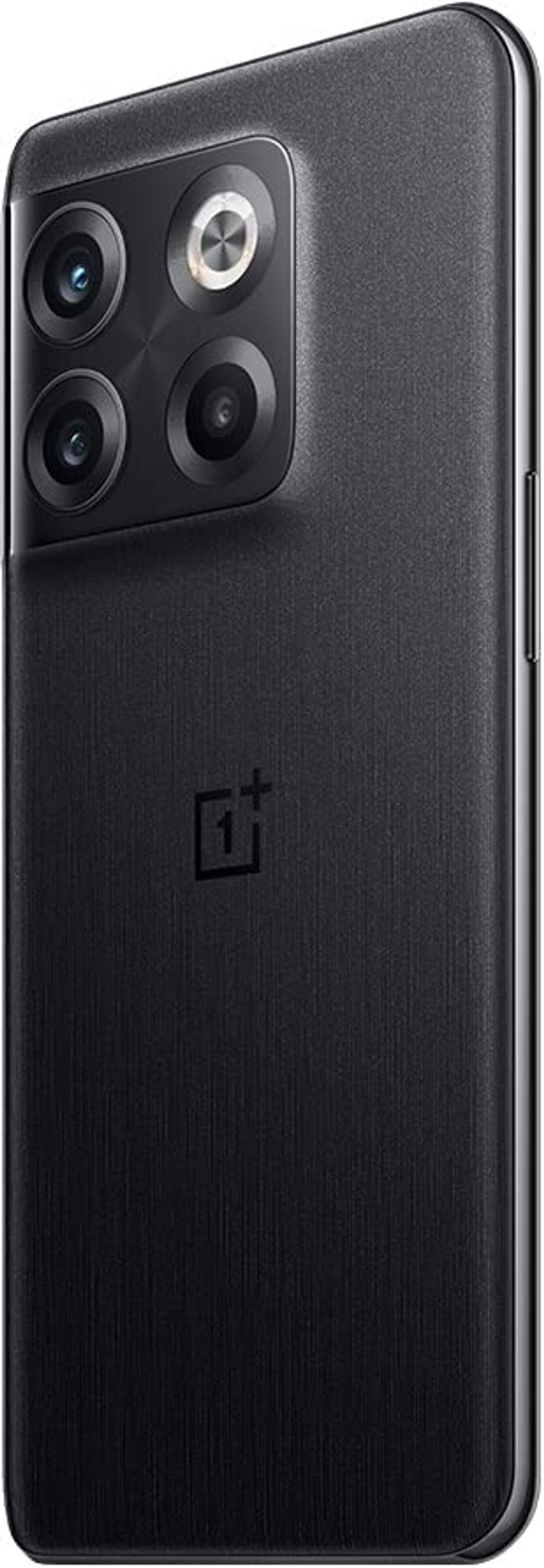 Black phone, rear view. Four cameras and flash. One Plus logo. Black textured finish.