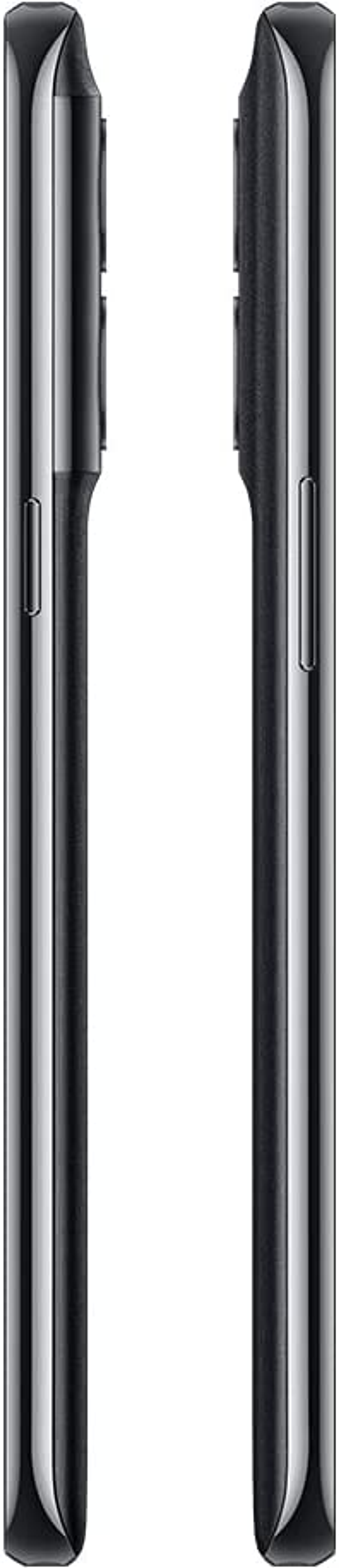 Two side views of a black smartphone. The edges of the phone are curved, showing buttons.
