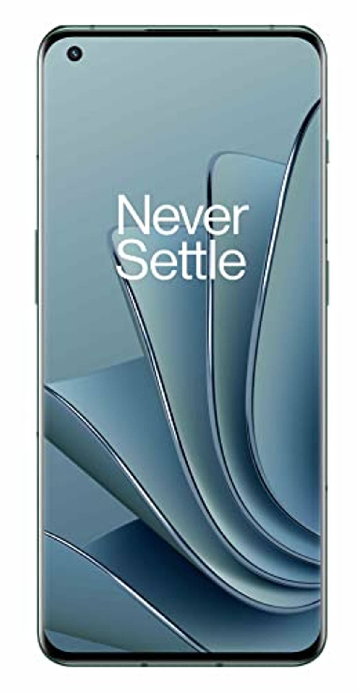 Smartphone mit Bildschirm, der den Text 'Never Settle' und abstraktes Design zeigt.