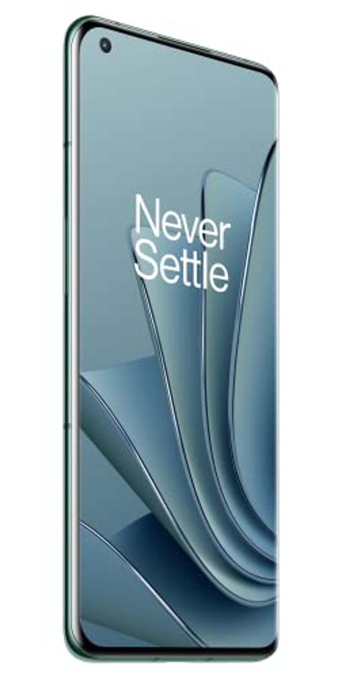 OnePlus-Telefon, grün mit gewölbtem Bildschirm und dem Text 'Never Settle' auf dem Bildschirm.