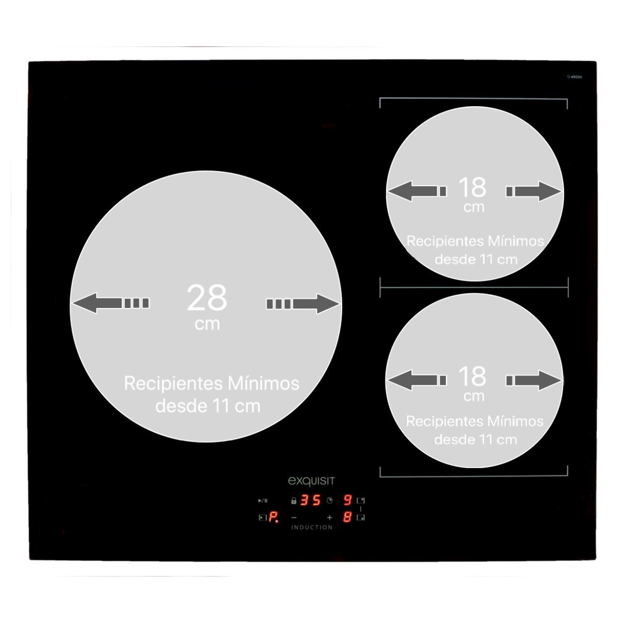 Placa de inducción negra con tres zonas de cocción marcadas y dimensiones.