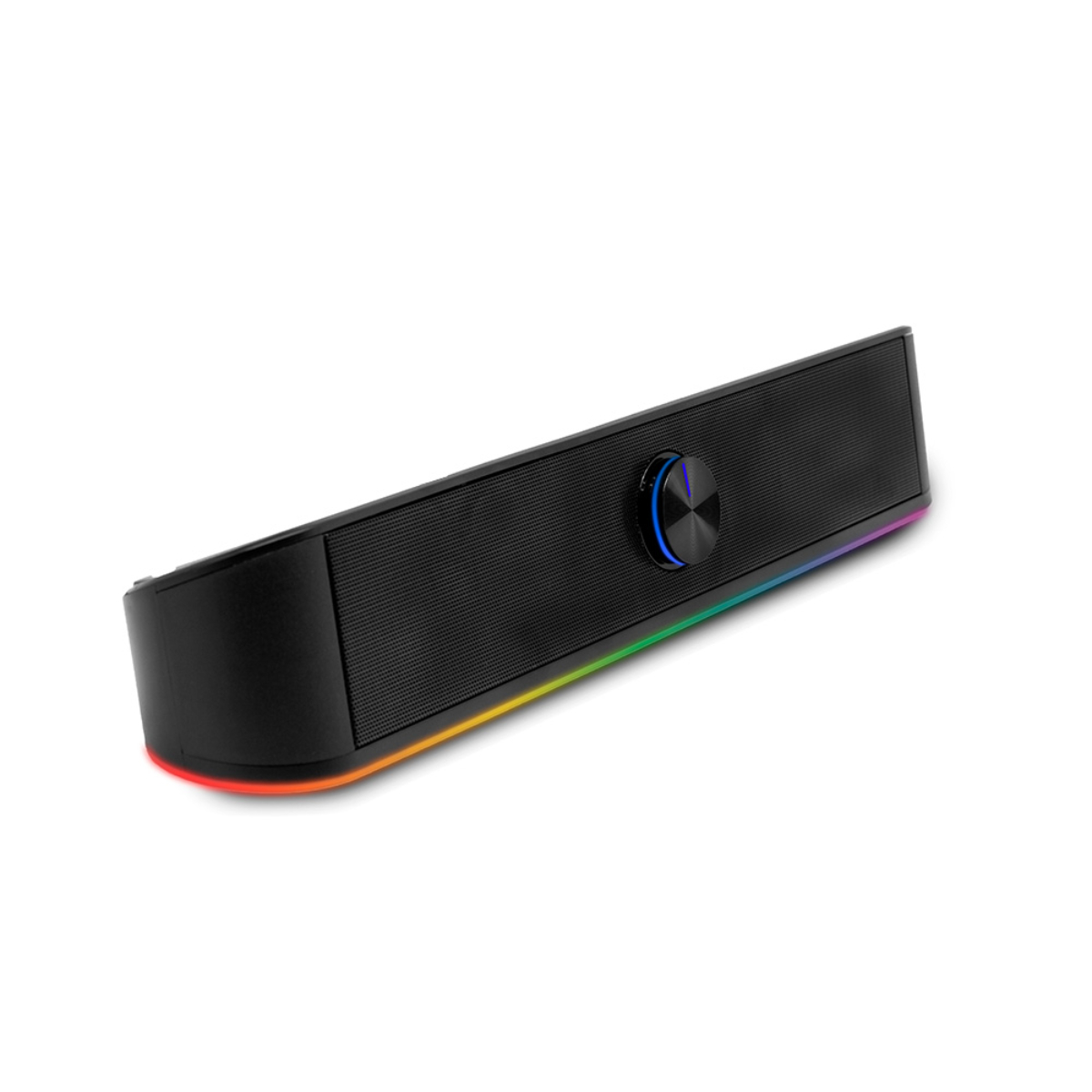 Una barra de sonido negra con una perilla de volumen y una tira de luz colorida.