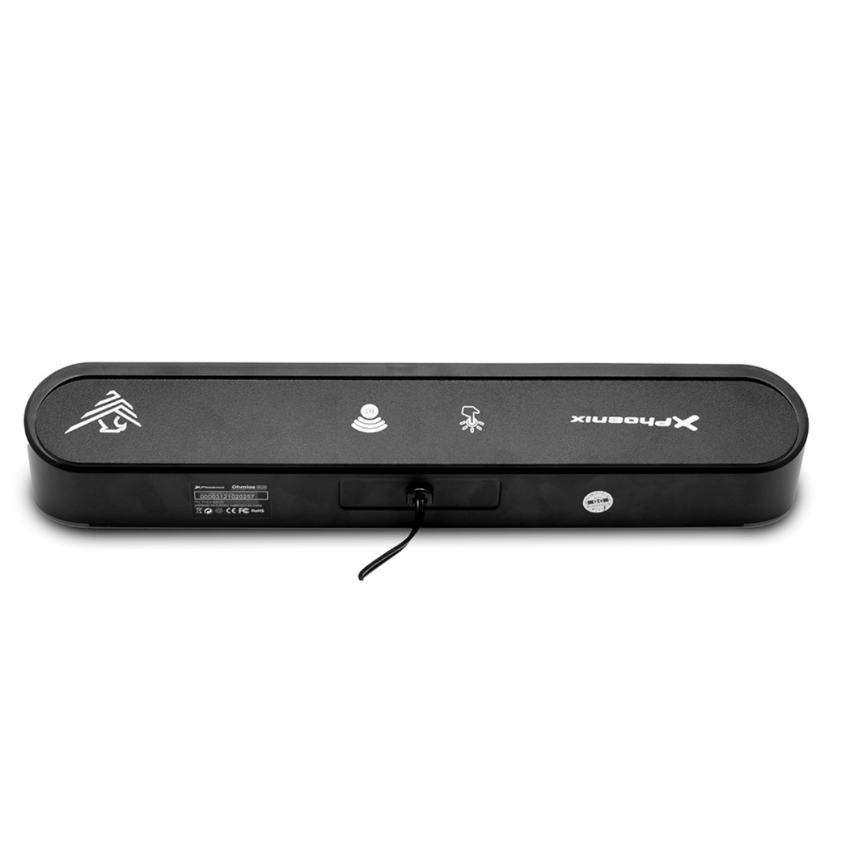 Dispositivo negro etiquetado XPhoenix, muestra logotipos y un cable. Fondo blanco.