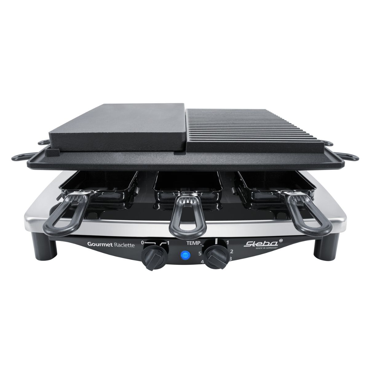 Ein Gourmet-Raclette-Grill mit zwei Kochflächen und mehreren Käsehaltern.