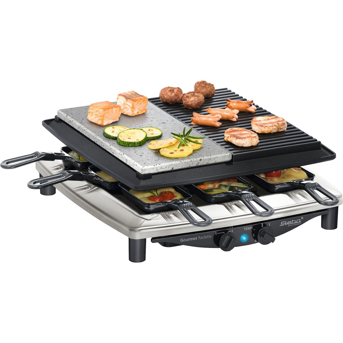 Raclette-Grill mit Essen: Fleisch, Gemüse, Käse. Knöpfe und Kontrollleuchte sichtbar.