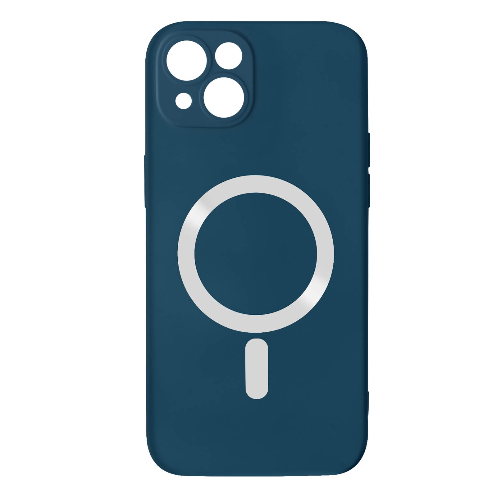 Custodia blu scuro con logo MagSafe circolare bianco.
