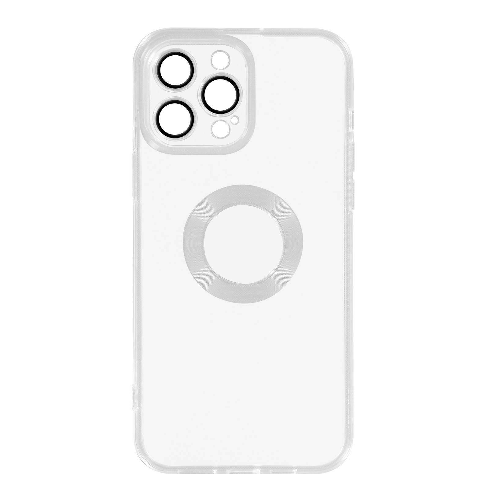 Una custodia trasparente per telefono con tre obiettivi della fotocamera e un anello MagSafe.