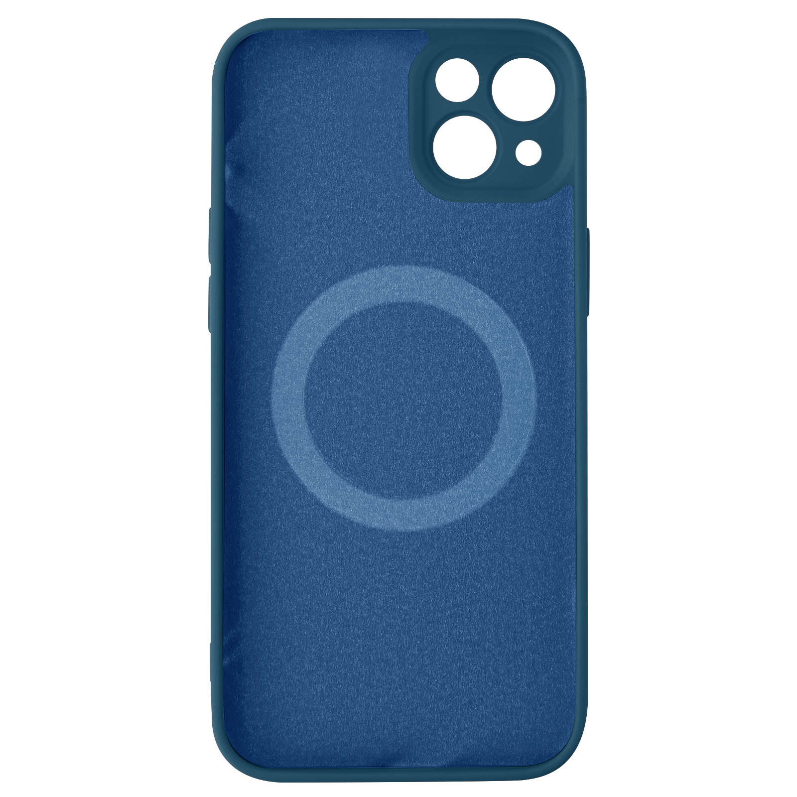 Una custodia blu per telefono con un bordo blu scuro e un cerchio bianco al centro.