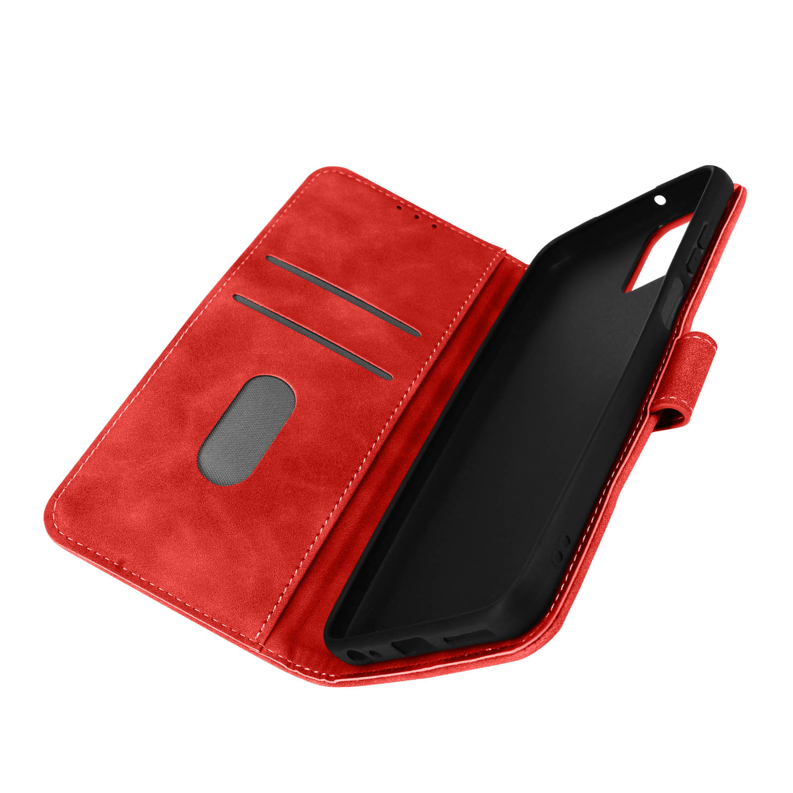 Rote Leder-Handyhülle, offen, mit Innenraum und Kartenfächern.