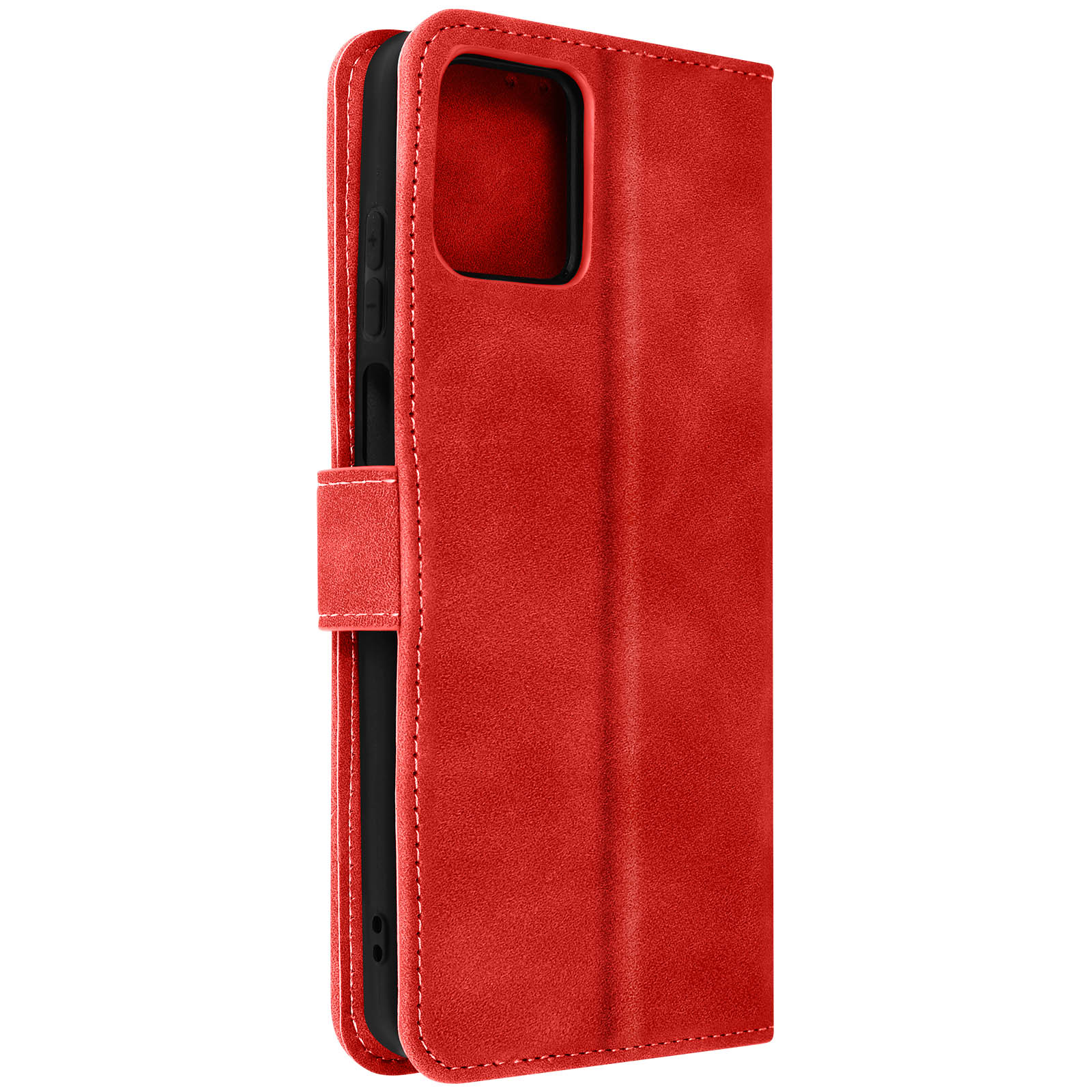 Rote Leder-Handyhülle, Seitenansicht, schwarze Innenseite, weiße Nähte.