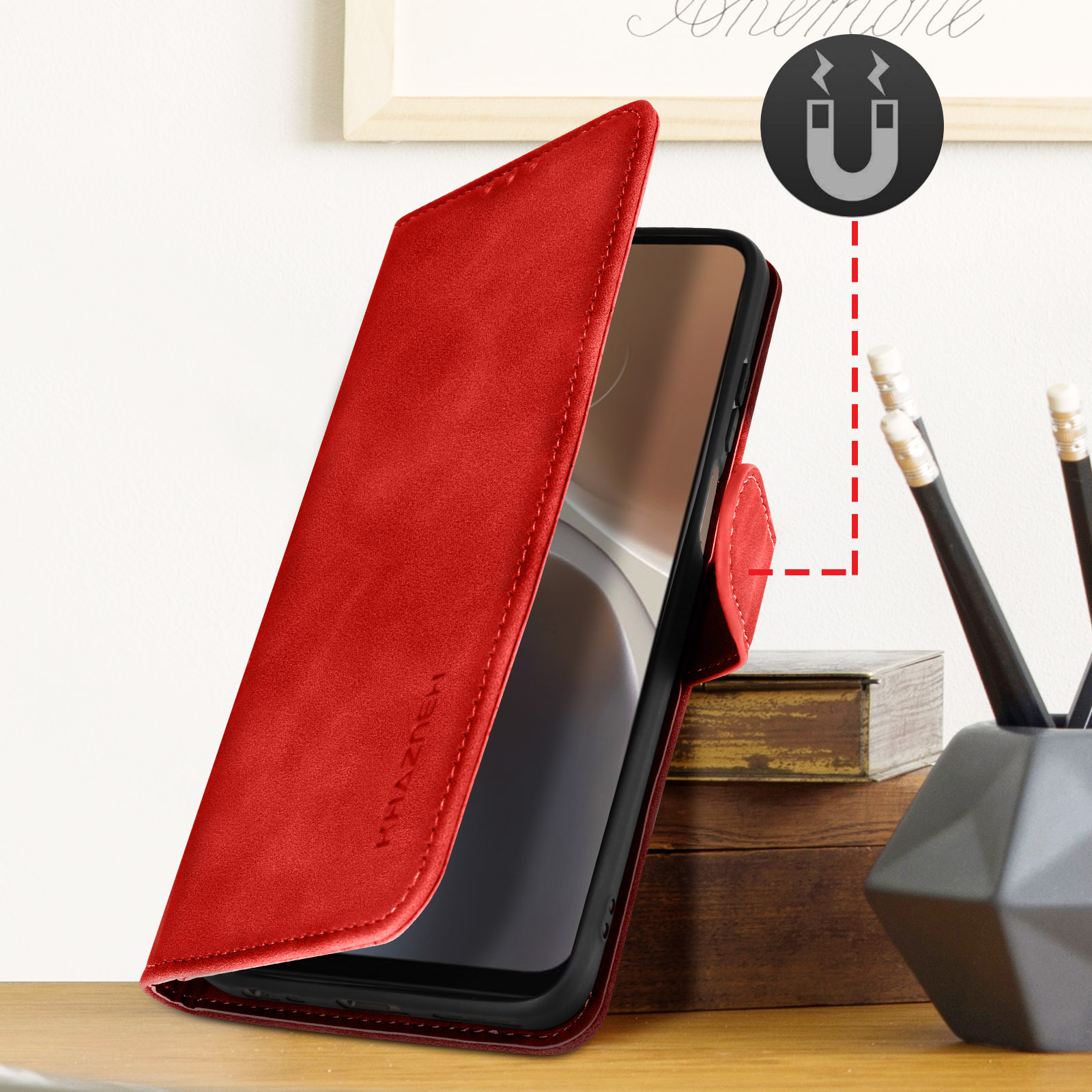 Rote Handyhülle mit Telefon, Magnete.