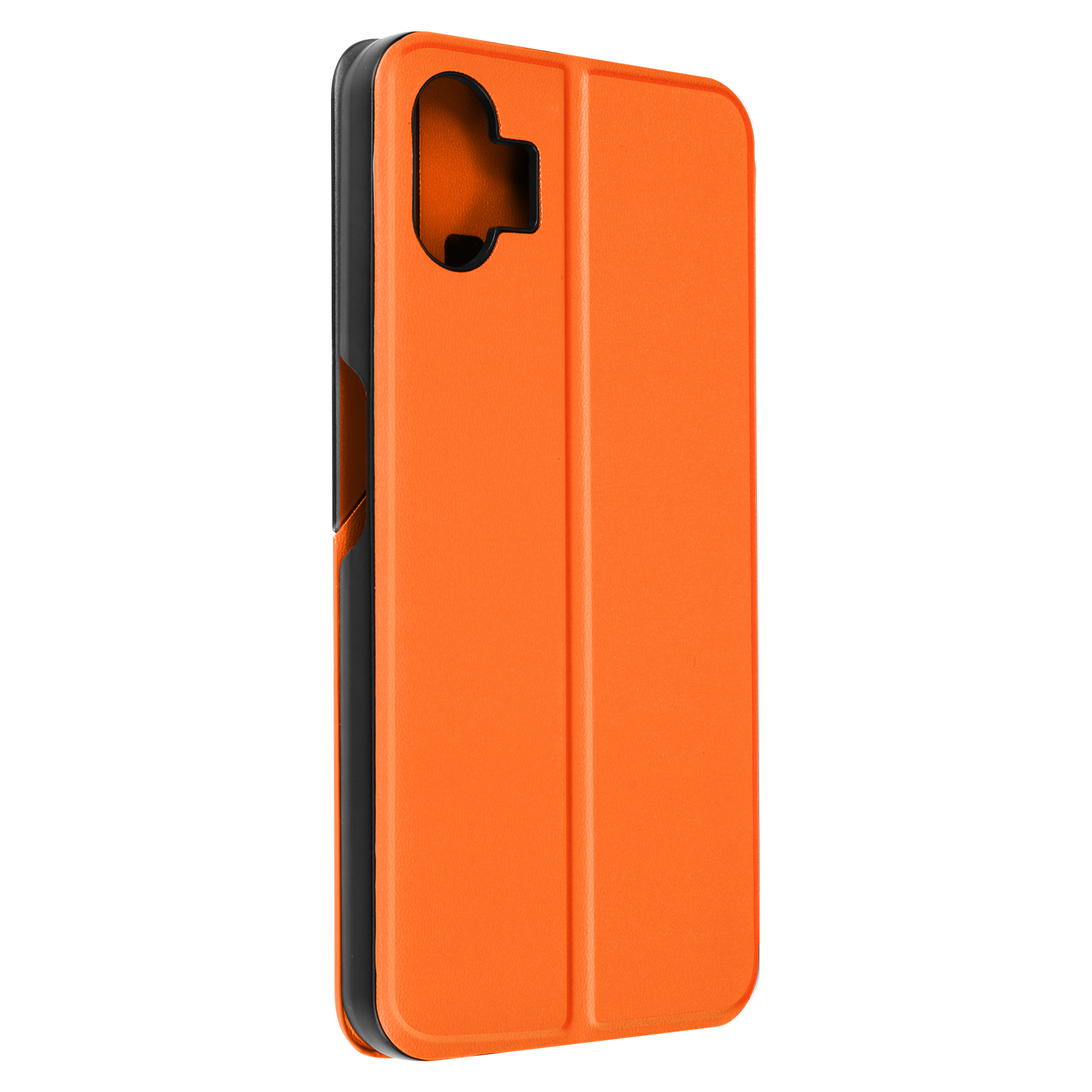 Una custodia per telefono arancione brillante, aperta, con interno nero.