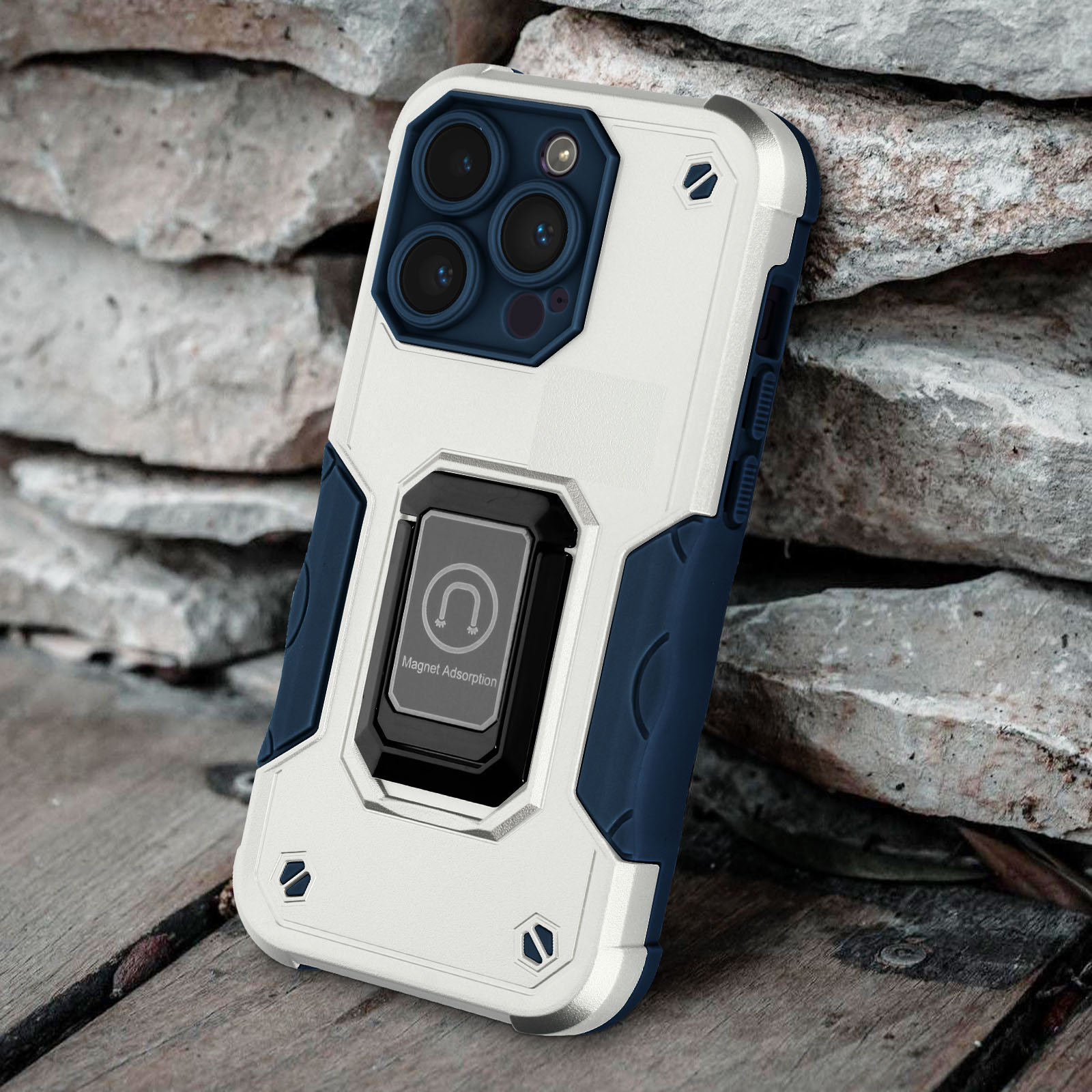Una custodia per telefono è su una superficie in legno e ha un supporto ad anello magnetico, con un design bianco e blu.