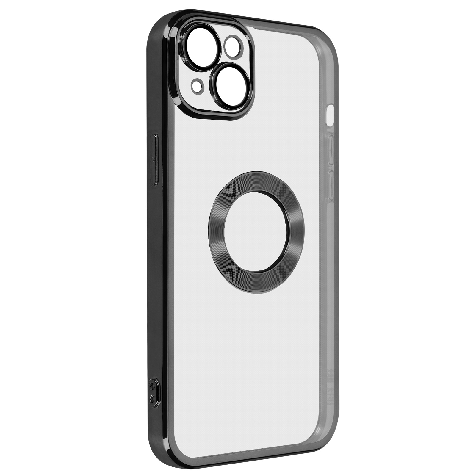 Custodia trasparente per telefono con bordi neri, con ritaglio per fotocamera e anello argentato.