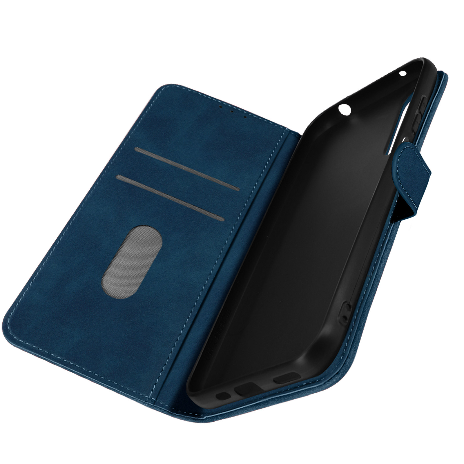 Custodia per telefono in pelle blu aperta, che mostra l'interno e gli slot per schede.
