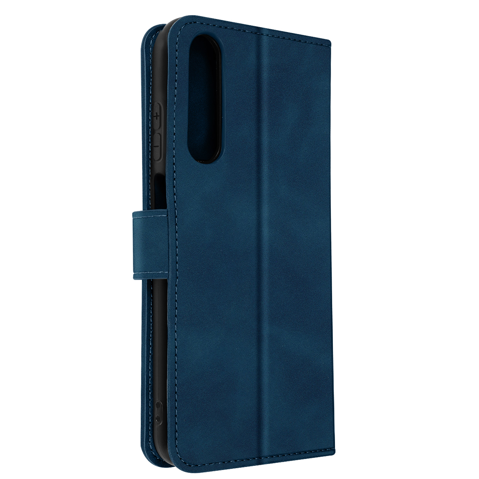 Custodia blu per telefono, chiusa. Ha una patta con chiusura magnetica, mostrando il lato.