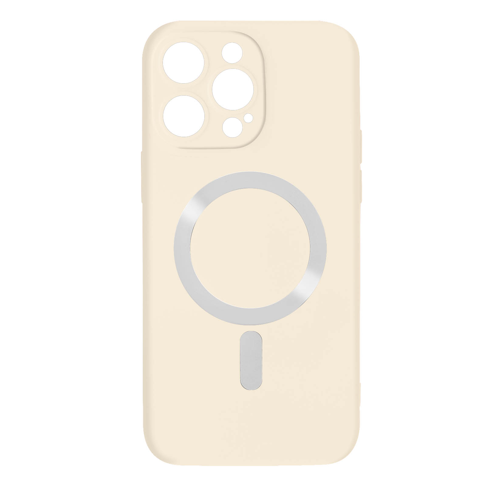 Custodia per telefono color crema con area di attacco magnetica circolare. Lo sfondo è bianco.