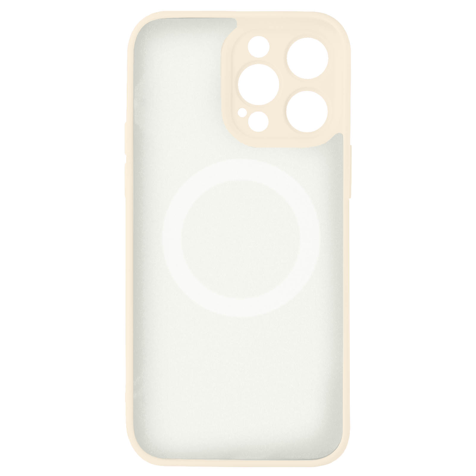 Custodia per telefono color crema con retro trasparente e ritagli per fotocamera.