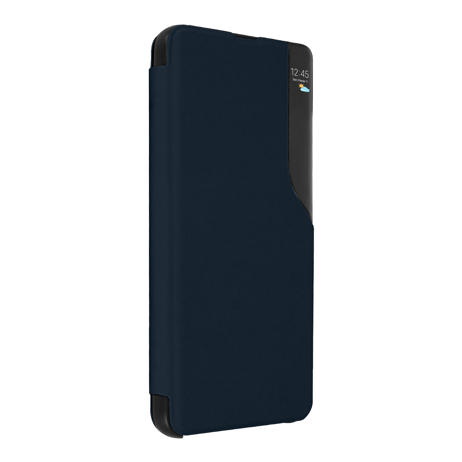 Custodia per telefono blu scuro con bordo nero e un display che mostra l'ora. Lo sfondo è bianco.