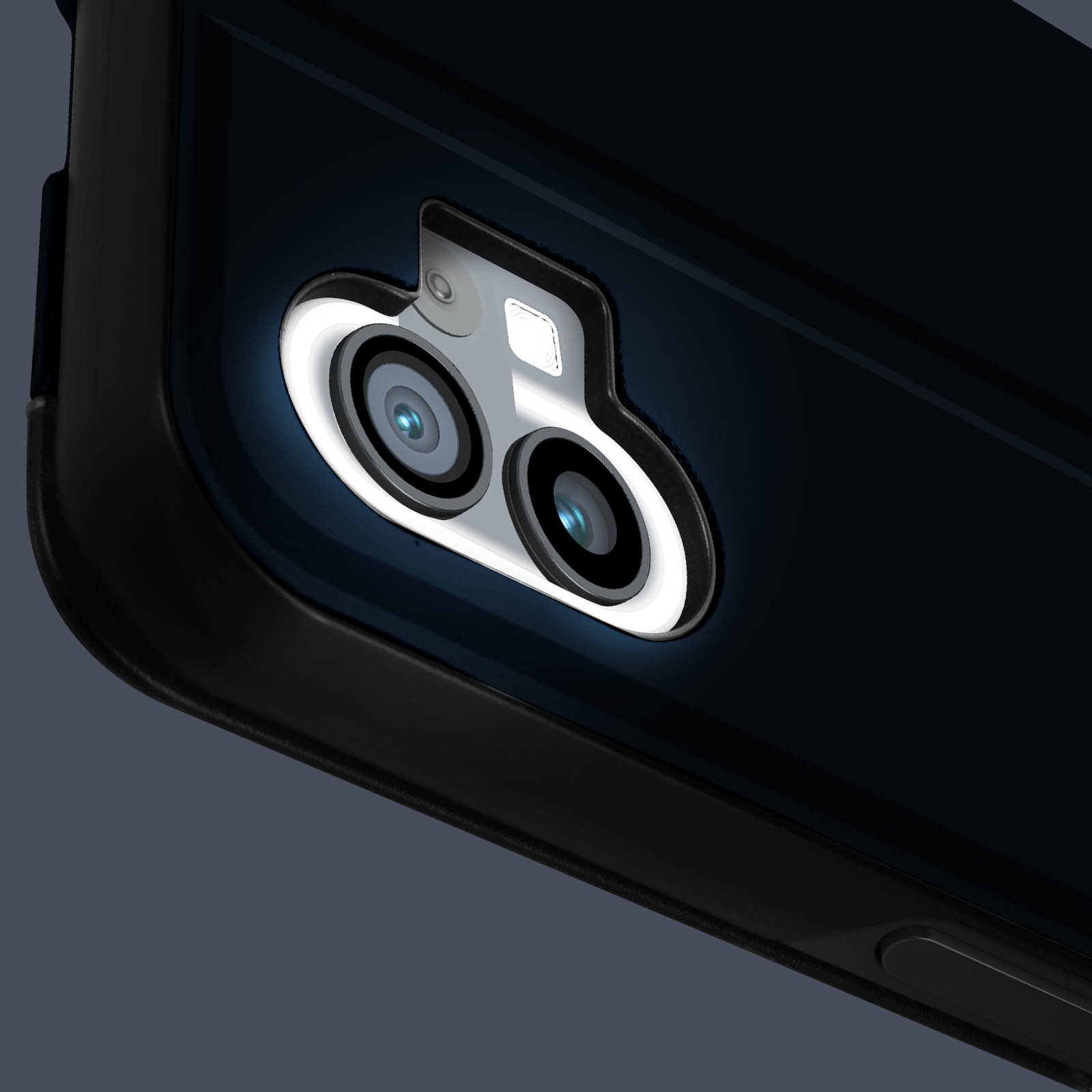 Primo piano di una fotocamera del telefono. Sono visibili due lenti, con una cornice bianca intorno.