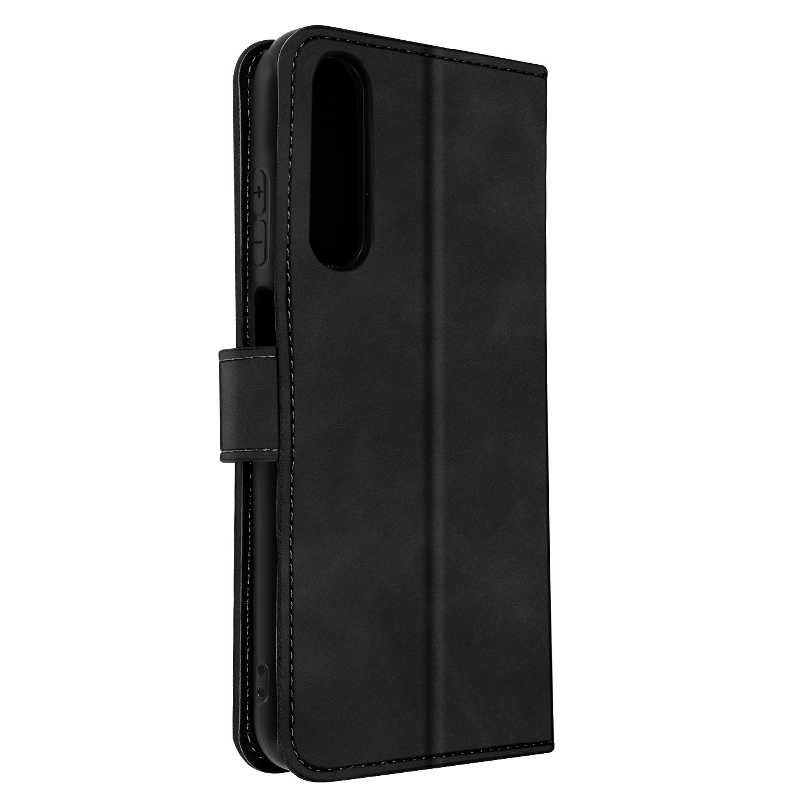 Custodia per telefono nera, chiusa, con ritaglio fotocamera in alto a sinistra, su sfondo bianco.