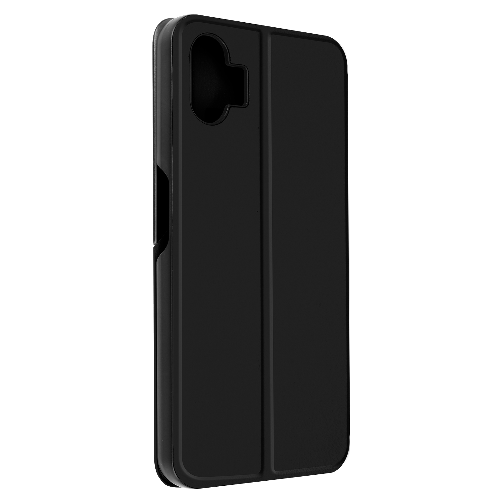 Custodia per telefono nera, piegata, con ritaglio per la fotocamera.