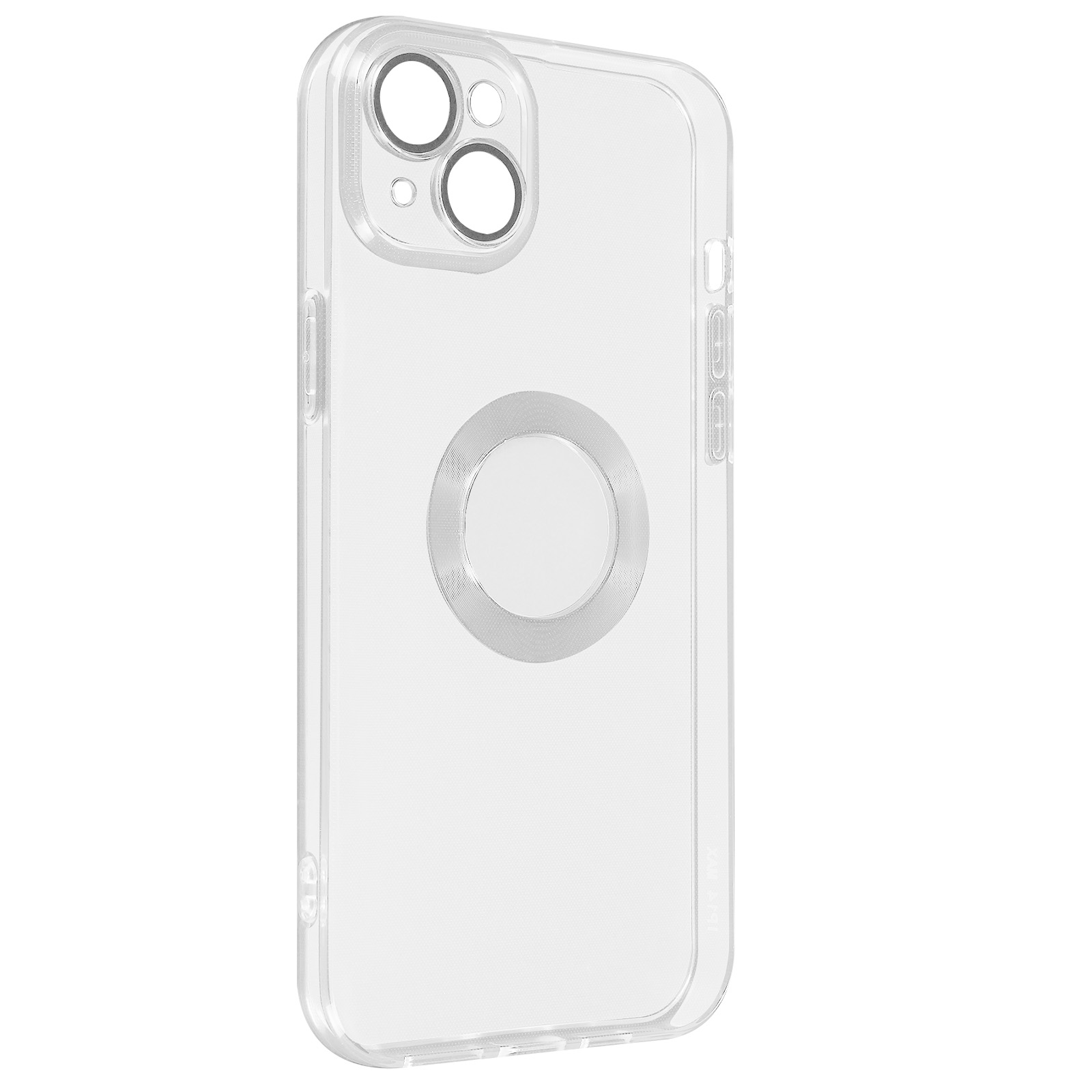 Custodia trasparente con anello magnetico argentato. Su sfondo bianco.