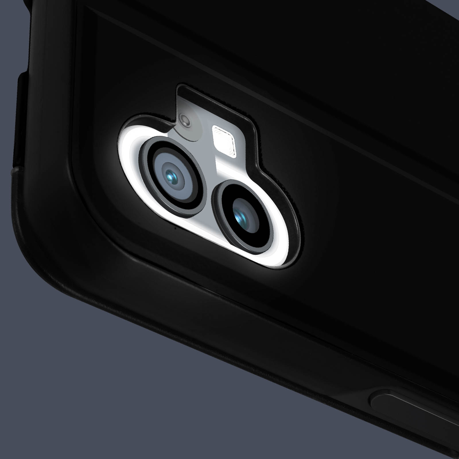 Primo piano del modulo fotocamera di un telefono nero, con due lenti con una cornice bianca.